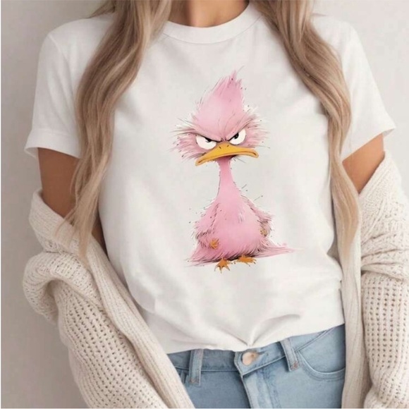 SHEIN Tops - SHEIN White Tee with Pink Cartoon Print